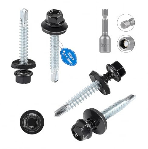 SUPAWAY 100 Sechskant Spenglerschrauben mit Dichtscheibe 4,8x35mm RAL 7016 | Selbstschneidende Metalldachschrauben Verzinkt Dachschrauben mit 1 Sechskant Bit M8 Steckschlusselsatz Trapezblechschrauben