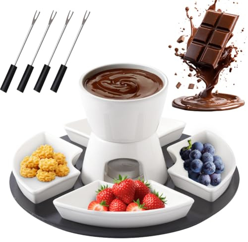 RANJIMA Schokoladen Fondue Set, Keramik Mini Schokofondue Käsefondue Fondue Set mit 4 Keramiktellern & 4 Gabeln und 1 Tablett, Schokoladenfondue Beheizt mit einem Teelicht für Süßigkeiten Butter Käse