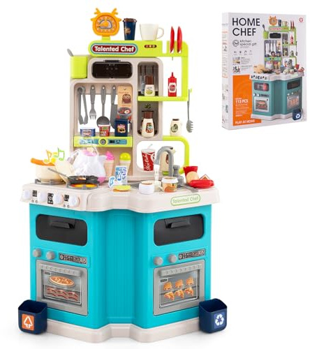 COSTWAY Kinderküche mit 113 Zubehör, Eck-Spielküche mit Licht, Sound & Dampf, Kinder Küche mit Kochherd, Spüle & Wasserfunktion, Puppenküche, Spielzeugküche für Kinder ab 3 Jahren (Blau)