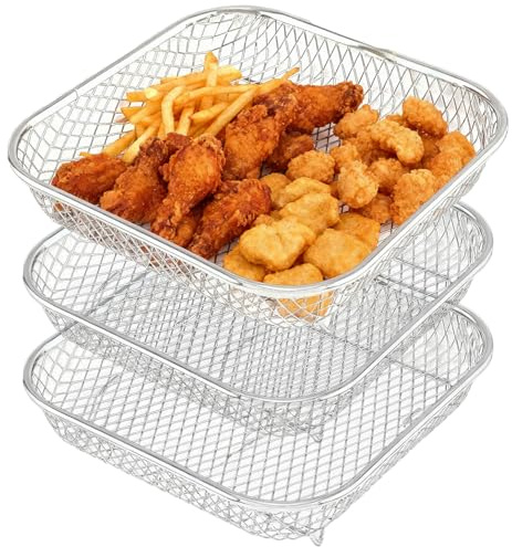 3 Pcs Square Stainless Steel Air Fryer Rack 7.9 x 7.9 x 1.6 in, Stackable Air Fryer Racks, Multi-Layer Air Fryer Accessories for Baking, Roasting