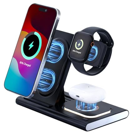 Chargeur sans Fil 15W,Station 3-en-1 Compatible iPhone17/16/15/14/13/12/11 Pro Max Plus, AirPods Pro 4/3, Watch Ultra 10/9/8/7/6/5/4/3 (sans Prise, câble 1m Inclus)