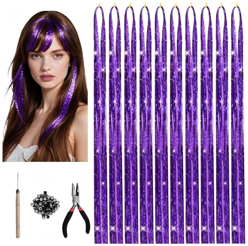 Pelo de oropel morado, 10 unidades, 120 cm, mechones con purpurina | Con herramientas, para carnaval y festivales