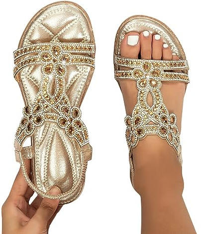 Flache Sandalen Damen Sommer Große Größen Strass Bohemia T-Riemen Glitzer Sandalen Weiche Sohlen Sommerschuhe Gummiband Slingback Elegante Schöne Mädchen Strandschuhe