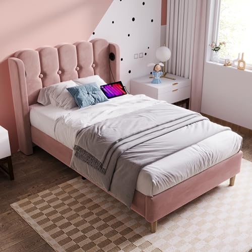 Ball & Cast Polsterbett 90x200 cm, Einzelbett mit 2 USB-Typ-C-Ladeports, Jugendbett aus Samt für Schlaf- und Gästezimmer, ohne Matratze, Rosa