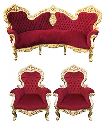 Casa Padrino Barock Sofa Garnitur Bordeaux/Gold + 2 Sessel - Wohnzimmer Barock - Limited Edition