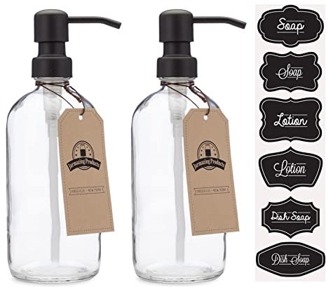 Clear Glass Pint Jar Soap and Lotion Dispenser with Metal Pump (Black/Dark Bronze) - Two Pack
