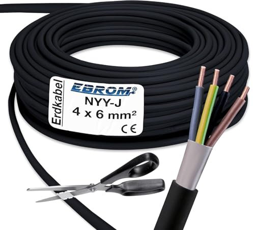 EBROM Cavo di terra NYY-J 4 x 6 mm² – Cavo di corrente ad alta tensione – Tubo di terra in PVC – nero – al metro preciso – Selezione in incrementi di 1 metro – Molte lunghezze – NYY-J 4 x 6 mm2 – La