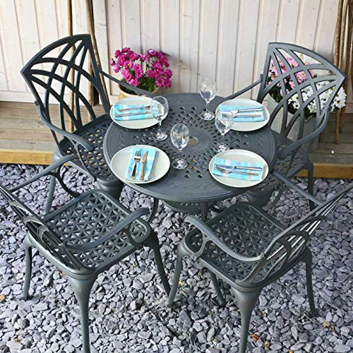 Lazy Susan - Anna 80 cm Runder Gartentisch mit 4 Stühlen - Gartenmöbel Set aus Metall, wartungsfrei, wetterfest, Grau, passende Kate Stühle | Blaue Kissen