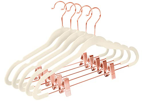 MIZGI Premium Samt Hosenbügel mit Clips (20 Stück) – schmale Rockbügel – Rutschfester Filz – Elfenbeinfarben – Kupfer-/Roségold-Haken – platzsparend – Hemd-Kleiderbügel