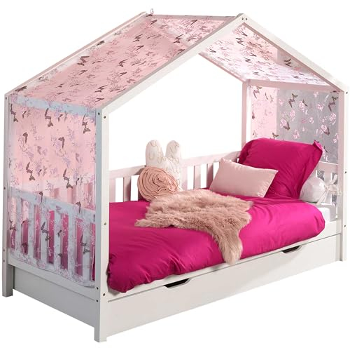 Vipack Dallas 1 Hausbett mit seitlicher Umrandung 90 x 200 cm Liegefläche, Bettschublade und Textilhimmel, Weiß