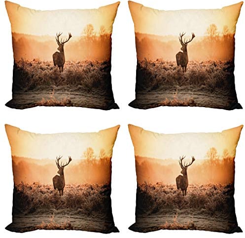 ABAKUHAUS Jagd Dekokissen Kissenbezug 4er Pack, Deer Morning Sun, Modern Accent Doppelseitiger Digitaldruck, 50 x 50 cm, braun orange