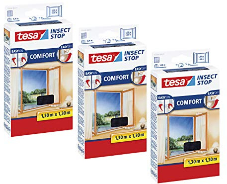 tesa Insect Stop COMFORT Fliegengitter Fenster - Insektenschutz mit Klettband selbstklebend - Fliegen Netz ohne Bohren (130 cm x 130 cm, 3er Pack/Anthrazit (Durchsichtig))