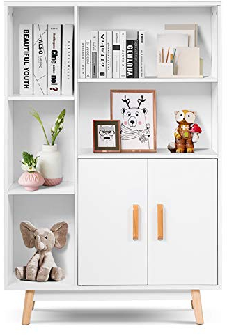 DREAMADE Bücherschrank aus Holz, Wohnzimmerschrank, Würfelregal mit Großem Stauraum, Büroregal mit Türen & Ablage, Bücherregal für Wohnzimmer Kinderzimmer Büro Arbeitszimmer