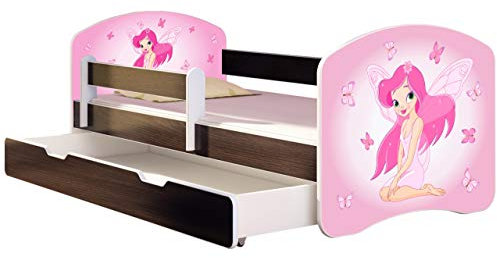 ACMA Kinderbett Jugendbett mit Einer Schublade und Matratze Wenge mit Rausfallschutz Lattenrost II 140x70 160x80 180x80 (07 Rosa Fee, 180x80 + Bettkasten)