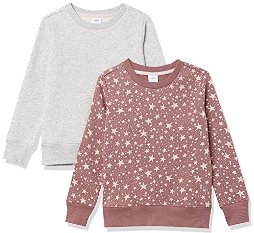 Amazon Essentials Felpe Girocollo in Pile Bambine e Ragazze, Pacco da 2, Grigio Chiaro Puntinato/Malva Stelle, 6-7 Anni