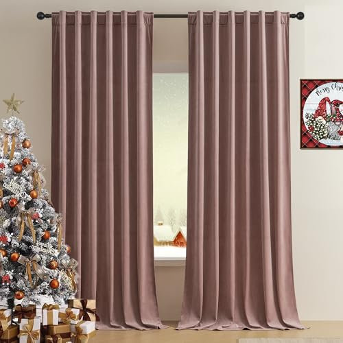Timeper Long 120 Inch Wild Rose - Luxurious Blush Velvet Curtains High Ceiling Decorative Backdrop Sunlight Blocking Ensure Quality Sleep for Bedroom, Rod Pocket Back Tab, 52W x 120L, Set of 2 Panels