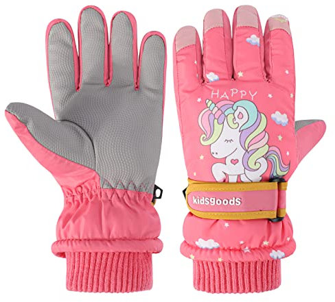 Kinder Winter Skihandschuhe Wasserdicht Snowboard Handschuhe Anti-Rutsch Plüsch Gefüttert Warm Handschuhe für Mädchen Jungen 6-10 Jahre alt (Rosa Einhorn)