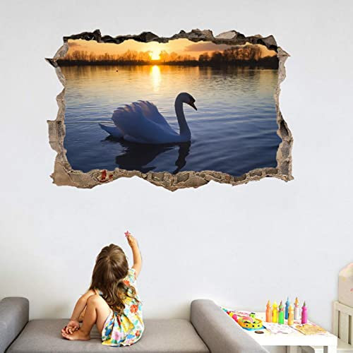 Kuletkear Schwan 3D Wanddurchbruch Wandtattoo See Mädchen Wandaufkleber 40 cm x 60 cm Junge Wandsticker Wanddeko Selbstklebend Vinyl Wandbild für Wohnzimmer Schlafzimmer Flur Kühlschrank