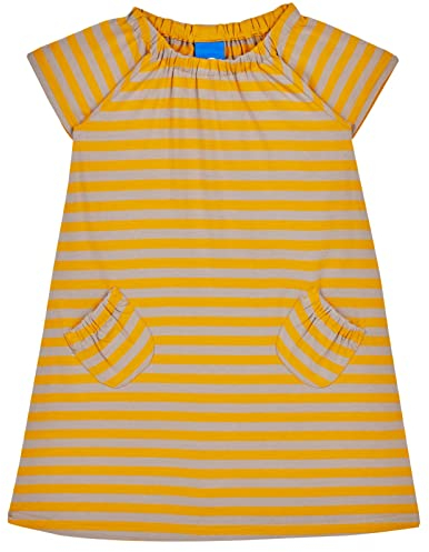 Finkid Marja Mädchen Kleid Kurzarm Sunflower/Pebble mit Glockenärmeln aus gestreiftem Bambusjersey (130/140)