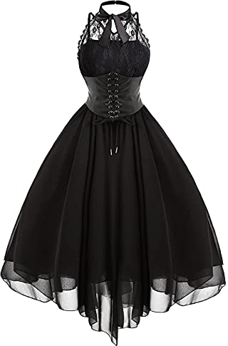 Abito da donna senza maniche, stile gotico, anni '80, corsetto in pizzo, per cocktail, Nero , M