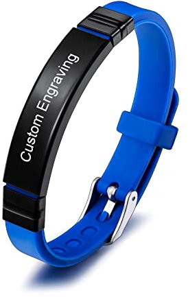 INBLUE Bracciale con Targhetta Personalizzata Nome/Citazione Targhetta in Acciaio Inossidabile Bracciale Regolabile in Silicone per Uomo Donna (Cinturino Blu e Etichetta Nera)