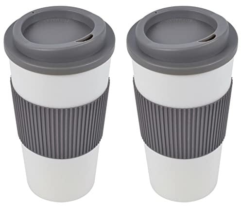 URBN-CHEF 450ml Double Wall Drinking Cup Warm Coffee Tea Travel Reusable Mug Screw On Lid (2 X Grey)