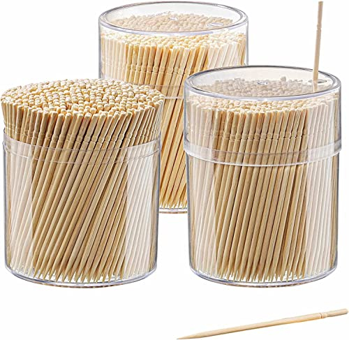 1200 palillos de cóctel redondos de bambú grandes de 6,5 cm, palillos de madera en caja de almacenamiento, púas de doble cara para dental, recogida de dientes, bufé de fiesta, palillos de cóctel