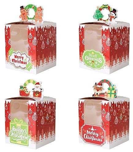 Allbusky 24PCS Christmas Individual Cupcake Boxes Cake Boxes with Window and Inserts, 4 Styles Single Cupcake Carrier, Paper Bakery Boxes Paper Treat Boxes for Christmas Party Favors