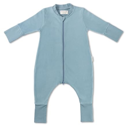 Hofbrucker Baby Schlafsack mit Füßen aus 100% Bio Baumwollfleece - Ganzjahres Schlafsack Babyschlafsack Frühling Herbst (Taubenblau, 62-68)