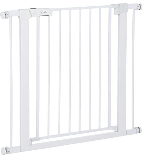 PawHut Barrera de Seguridad de Perros Extensible para Escaleras y Puertas 76-97 cm con 2 Extensiones de 7 cm Cierre Automático y Marco Metálico Altura 76 cm Blanco