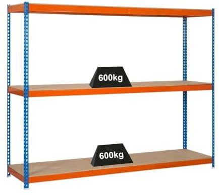 PROREGAL Schwerlastregal Wood Beast Three | HxBxT 200x180x60cm | Fachlast 600kg | Blau-Orange | Werkstattregal Lagerregal Palettenregal