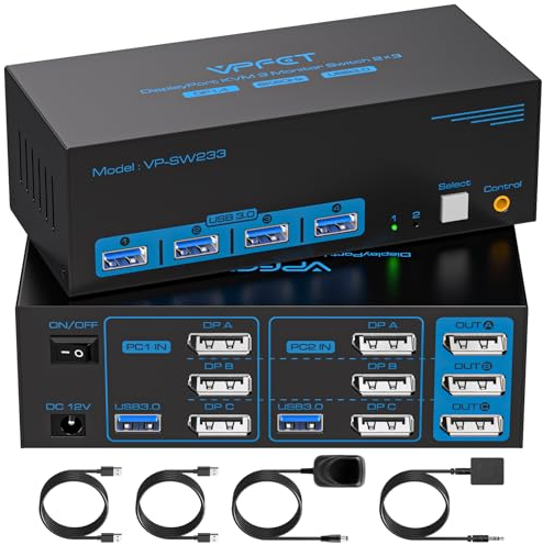 8K60Hz Displayport KVM Switch 2 PC 3 Monitore USB3.0 KVM Umschalter mit 4 USB-Anschlüssen Für Zwei Computer Unterstützung von Extended & Copy Mode mit Desktop Kabel Controller und 2xUSB-Kabeln
