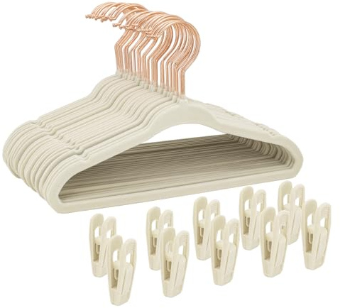 Tonswachic Kids Velvet Hangers 30 Pack, 14 Non-Slip Felt Kids Hanger for Toddler/Youth/Teen, Heavy Duty, Slim Space Saving Child Hangers with 10 Clips & 360° Rose Gold Hook for Baby Closet, Beige