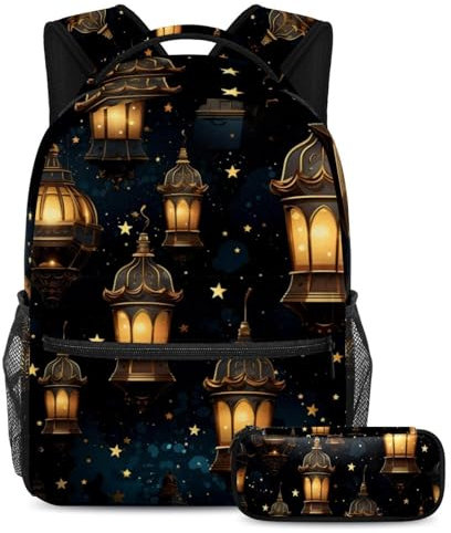 Ramadan-Laternen-Mode trifft Funktion, 2-teiliges Kinder-Schultaschen-Set mit Rucksack und Federmäppchen, große Kapazität, Reisetasche, Büchertasche für Jungen, Mädchen und Teenager, Mehrfarbig Nr.