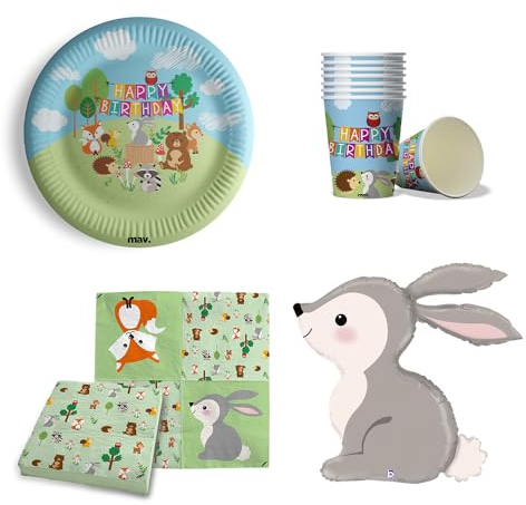 Maverick - Juego de 53 piezas para fiestas de cumpleaños 16 platos grandes 16 vasos 20 servilletas globo de papel de aluminio con conejo. Fabricado en Europa