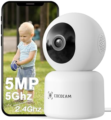 COCOCAM 5MP Indoor Camera, 2.4GHz 5GHz WiFi Security Camera for Baby Pets, 355°P 90°T, 24h Recording, AI Motion Detection, Auto Tracking, 2-Way Audio, Cloud TF Storage, Works with Alexa