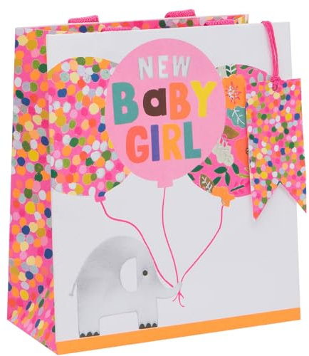 Glick Luxus Geschenktüte für New Baby Mädchen - Rosa Elefanten Groß, Feier Willkommen Baby - 260 x 315 x 135 mm