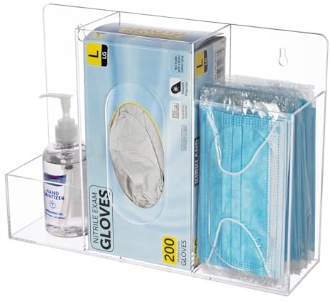 KOEMEHR Mask and Gloves Dispenser with 3 Compartments, Wall Mounted Acrylic Disposable Glove Box Holder Dispenser Organiser for Face Mask, Hand Sanitizer Gel, Hairnet, Shoe Cover, Facial Tissues Box