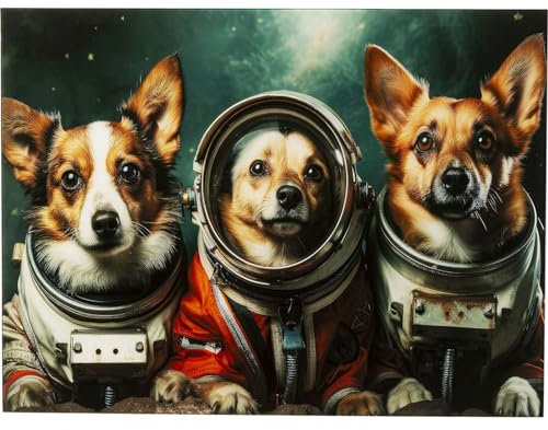 Kare Design Wandbild Astronauts Dogs, Bunt, Glasbild, Rechteckig, 4mm ESG Sicherheitsglas, Tierisches Design, Hund, Wandkunst, Bild, Schlafzimmer, Glas, Polypropylen, 80x60 cm (H/B)
