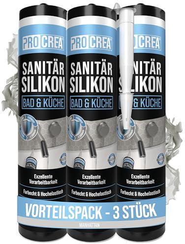PROCREA® 3x Premium Sanitärsilikon Bad & Küche (Manhattan) [mit Anti-Schimmel-Formel] Dichtmasse für innen & außen - Universal Silikon in Profi-Qualität (grau) - Made In Germany
