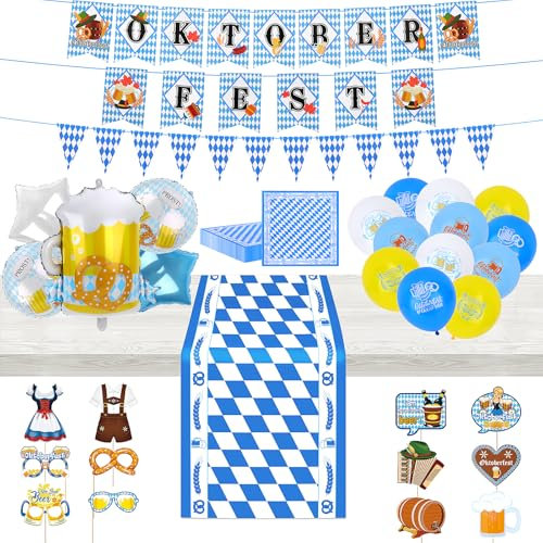 SelfTek Oktoberfest deko Set, Bayern Oktoberfest Girlande + Wimpel-kette + Tischläufer + 20 Servietten + 12 Bedruckte Latex-luftballons + 5 XXL Folienluftballons + 12 Foto-Requisiten-Set + Farbband