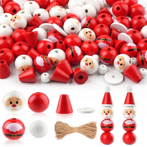 Hopton Holzperlen Set - 120PCS Holzkugeln mit Weihnachtsmann Gesicht, Natürliche Holzperlen mit Loch für DIY Basteln, Holzköpfe für Sorgenwürmchen und Weihnachten Deko (Rot)
