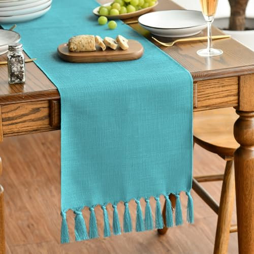 Artoid Mode Türkis Landhausstil Quasten Tischläufer, Waschbar Küche Tisch Dekoration Party Geburtstag Hochzeit Dekor 33x183 cm