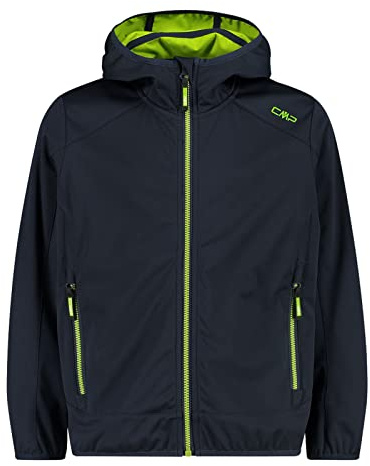 CMP Jungen Outdoorjacke mit Kapuze leichte Softshelljacke Kid Fix Hood Jacket, Farbe:Blau, Größe:128, Artikel:-01NN Blue/Limegreen