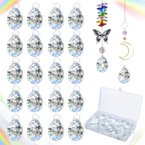 20 Stück Kristalle zum Aufhängen, 37mm Glas Sonnenfänger Kristall mit 20 Metallring, Suncatcher Kristall, Prisma Kristalle Tropfen für Kronleuchter Anhänger, Fenster Ornament Handwerk Deko