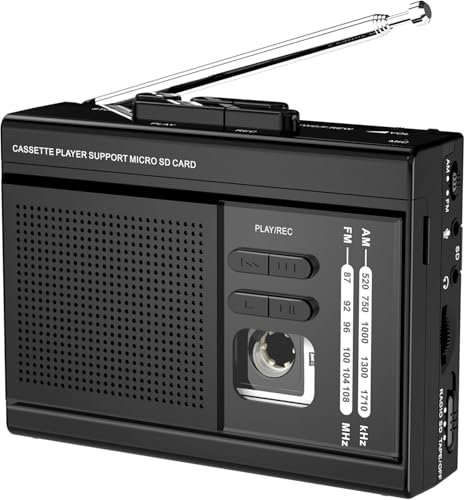 Gracioso Walkman Cassette Player Recorder Converter with AM/FM Radio, Built-in Stereo Speaker, Cassette to MP3 via SD Card, Portable, Black, MP3, WAV, AAC, Auxiliary, 2.1 Surround Sound