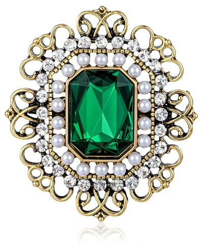 Green Brooch Pin, Vintage Green Rhinestone Brooch with Pearl | Baroque Crystal Brooches and Pins for Women Clothes Suit Dress Hats Bags Accessory
