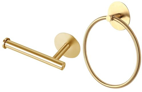 Toilet Roll Holder and Towel Ring Set of 2, Stainless Steel Bathroom Accessories Set No Drill Adhesive Toilet Paper Holder and Hand Towel Holder for Bathroom (Gold)
