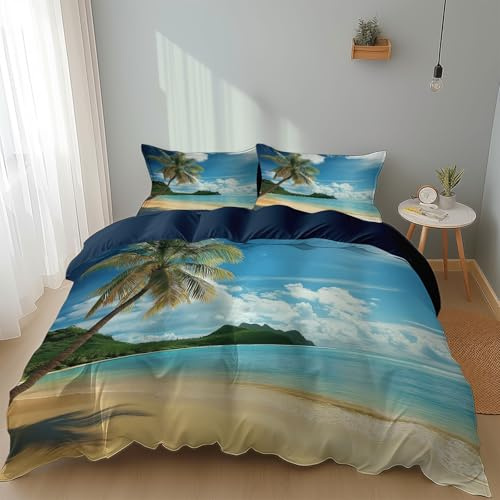 Single Duvet Cover Set Tropical Beach Palm Trees Print Bedding, Soft Brushed Microfiber Natural Scenery Quilt Cover witn Pillow Cases, Easy Care Reversible Duvet for Teens Girls Kids - 135 x 200 cm