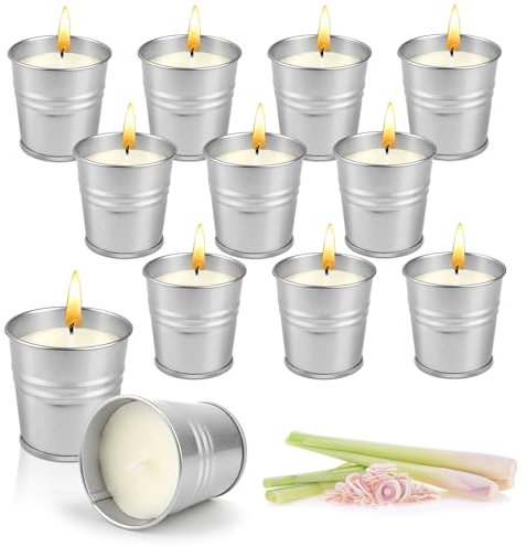 Citronella Kerze Outdoor, 12 Stück Zitronella Kerzen, Teelichter im Metalleimer, Natürliches Sojawachs Zitrone Indoor, Zitronella Kerze Kit für Garten Camping Picknick für Garten Camping